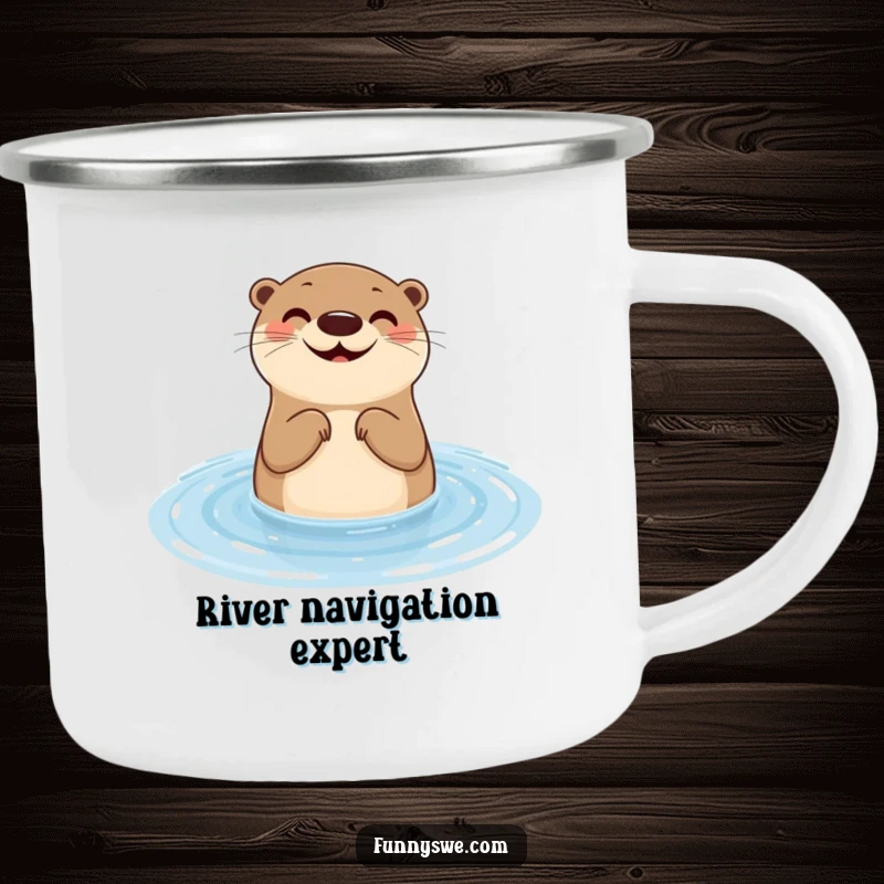Funny otter camping mug depicting a smiling aquatic mammal testing website responsiveness with a water ripple, adding humor to outdoor adventures.