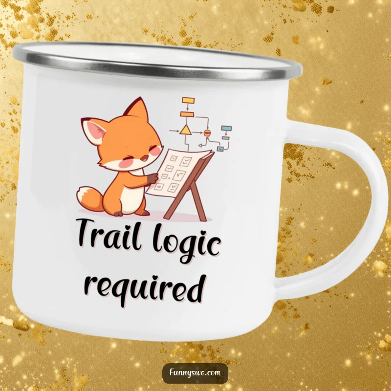 Funny fox camping mug depicting a curious canine examining a complex flowchart, adding humor to outdoor contemplation.