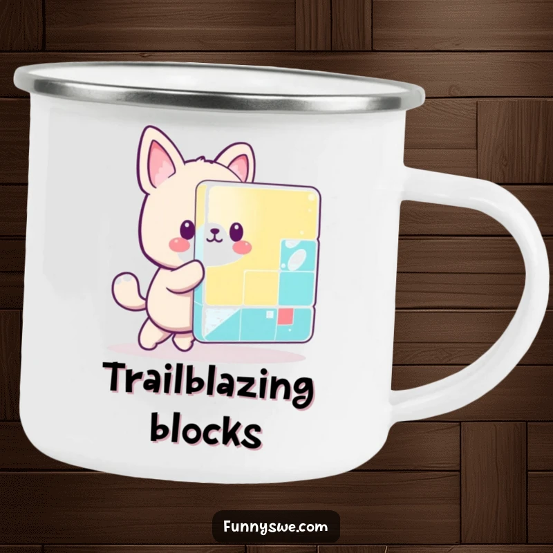 Funny kawaii animal character pushing a giant pixel block, designed for rugged enjoyment on a camping mug.