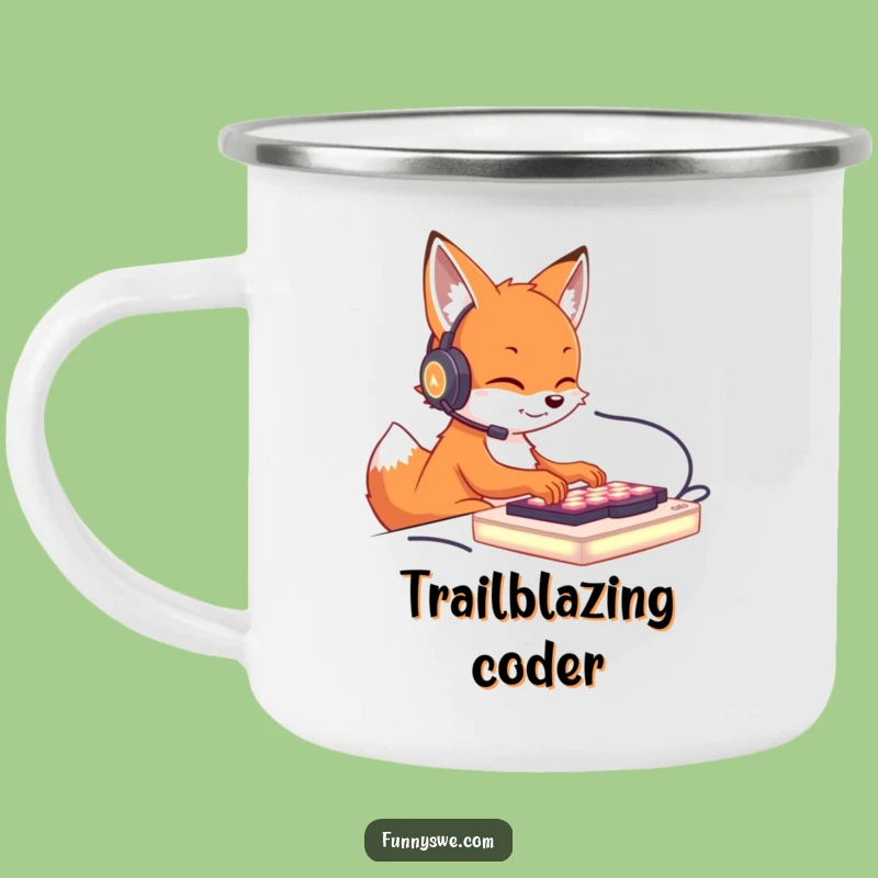 Funny Fox Gamer Camping Mug: Cute Fox Typing on Keyboard Outdoors