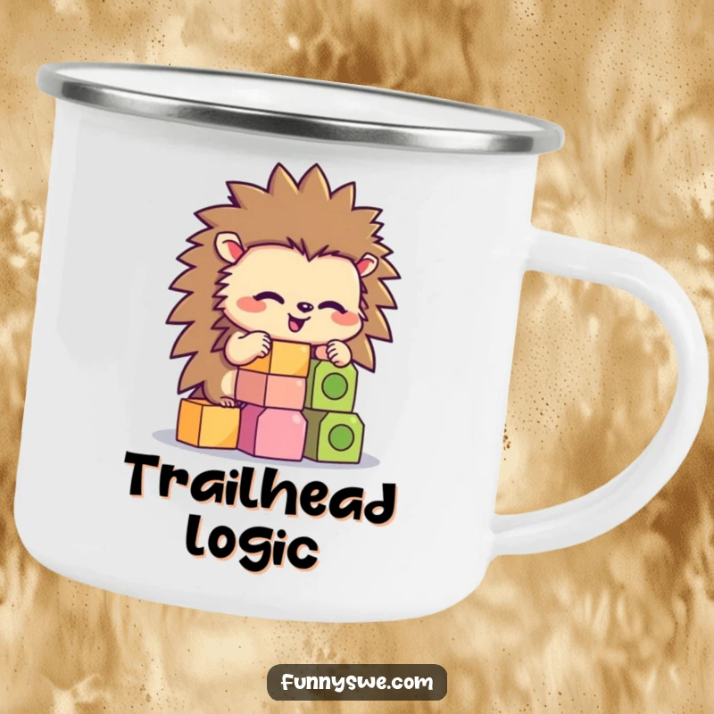 Funny hedgehog concentrating on stacking hexagonal code blocks, perfect for a humorous camping mug.