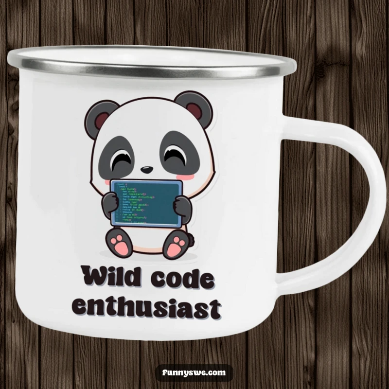 Funny Panda Coder Camping Mug: Playful panda holding a tablet with code, perfect for outdoor coding enthusiasts.