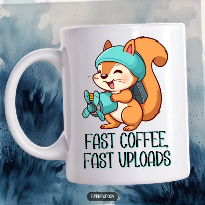 Funny squirrel uploader mug, a busy squirrel with a propeller pack rapidly uploading files with determination and speed.