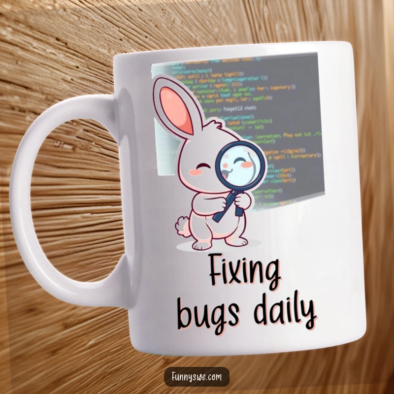 Funny mug showing a cheerful rabbit character examining code with a magnifying glass, ideal for debugging enthusiasts.