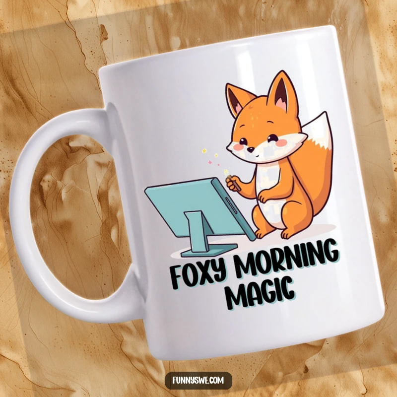 Funny mug showing a Kawaii fox using a magic wand on a tablet to create a website, whimsical and creative.