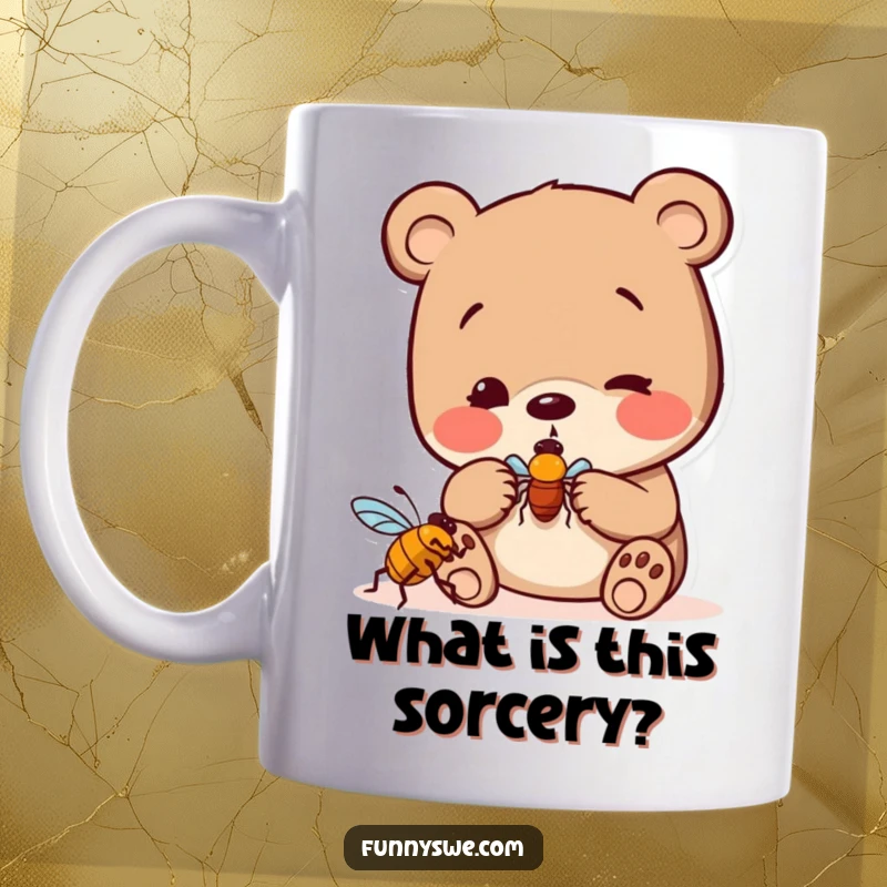 Funny curious bear examining a computer bug icon with playful interest, ideal for tech enthusiasts and problem solvers.