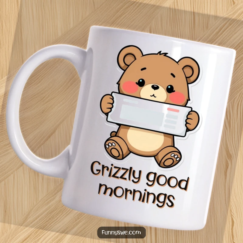 Funny bear web designer mug, a determined bear proudly showing a finished website layout with a satisfied grin.