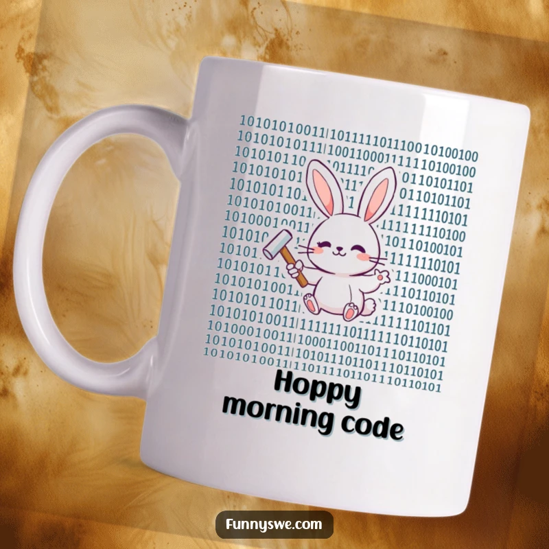 Funny happy bunny holding a tiny hammer, playfully tapping a binary code sequence on a mug.