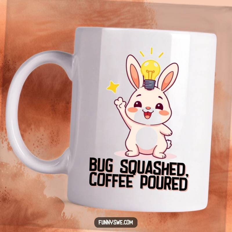 Funny mug featuring a cheerful bunny with a glowing lightbulb, celebrating a successful code deployment with pure joy.