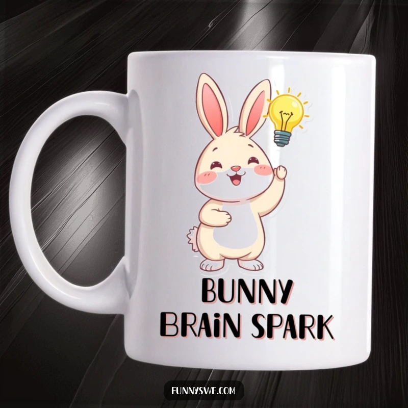 Funny happy bunny holding a glowing lightbulb overhead, representing a brilliant idea, a humorous mug for inspiration.
