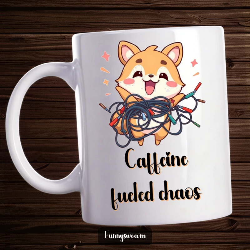 Funny energetic animal happily holding a tangled mess of computer wires on a mug, a chaotic gift.