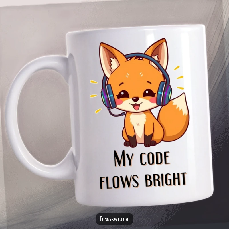 Funny, excited fox wearing headphones, intensely coding with vibrant, colorful lines of code. Tech and music lover's delight.