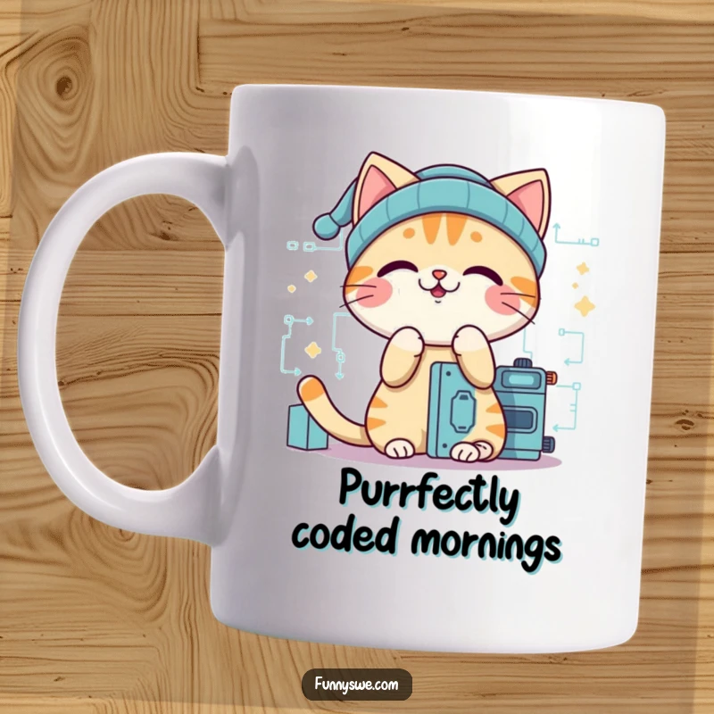 Funny cat programmer mug, a giggling cat in a beanie intently building a digital structure with coding elements.