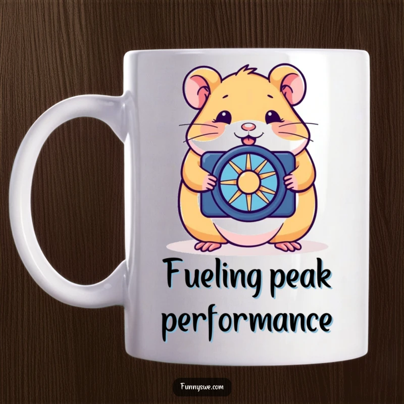 Funny hamster mug showing a happy rodent optimizing a website with a tiny spinner, symbolizing diligent, humorous tech work.