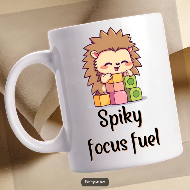 Funny happy hedgehog character concentrating while stacking hexagonal code blocks on a humorous mug.