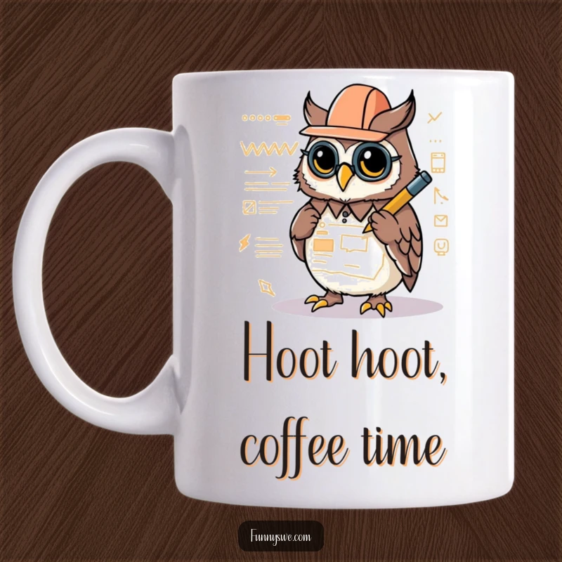 Funny mug with a cute Kawaii owl architect intently drawing a website layout on a screen with a glowing stylus.