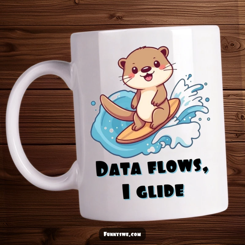 Funny happy otter surfing joyfully on a massive wave made of digital data streams, embodying tech fun.