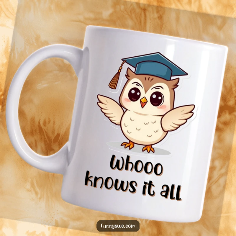 Funny Owl Mug: A cheerful owl in a graduation cap confidently gives a presentation, symbolizing knowledge and accomplishment, a great funny gift.