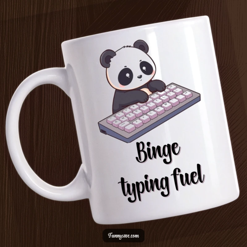 Funny panda typing very fast on a comically large keyboard, looking focused and adorable. Tech humor for panda lovers.