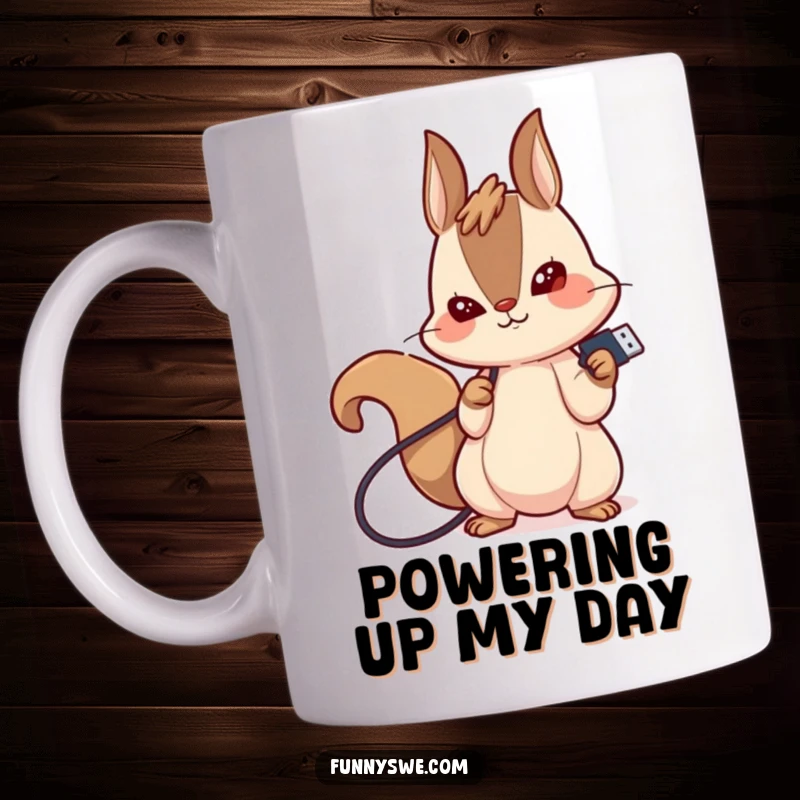 Funny mug featuring a giggling kawaii squirrel determinedly plugging in a USB drive, a cute tech humor moment.