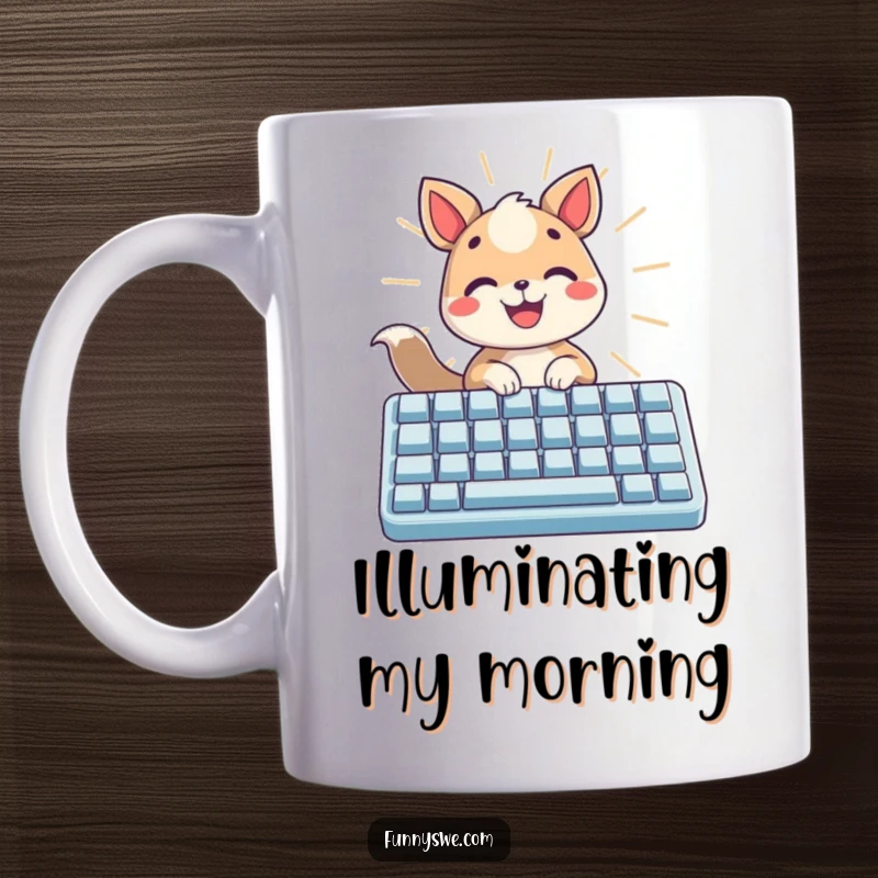 Funny cheerful animal typing on a giant keyboard, radiating light on a mug, a joyful gift.