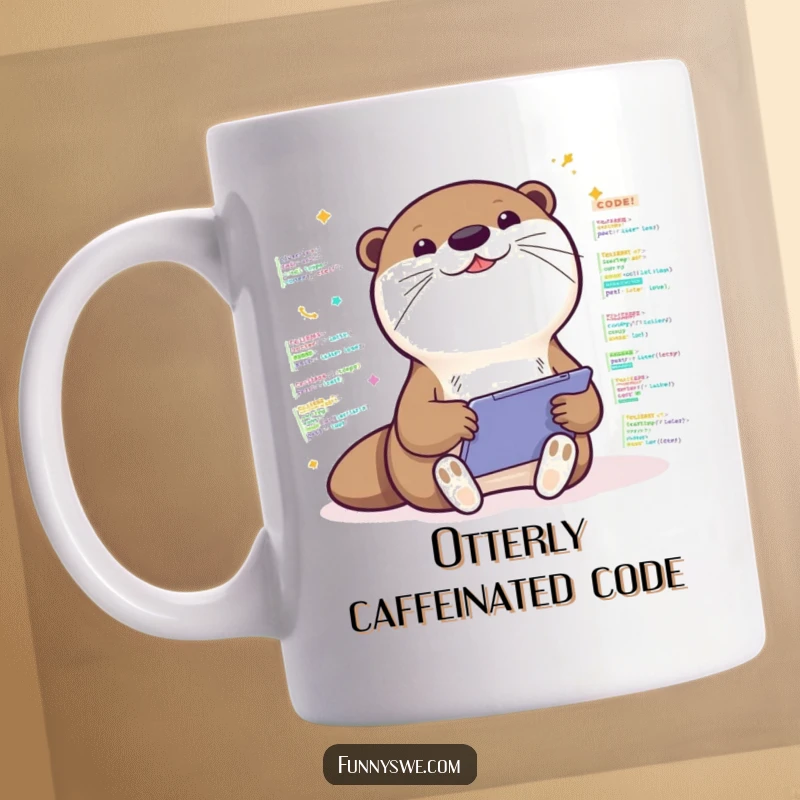 Funny mug showing a Kawaii otter excitedly coding on a tablet, surrounded by colorful code snippets, full of energy.