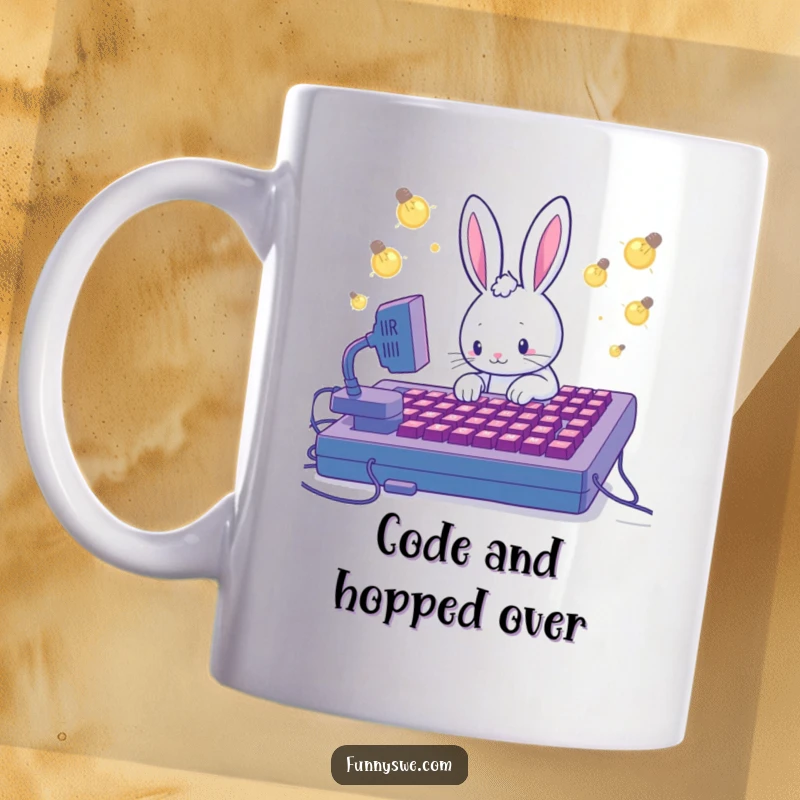Funny mug showing a Kawaii rabbit coding intensely on a giant keyboard, lightbulbs blinking, representing inspiration and humor.