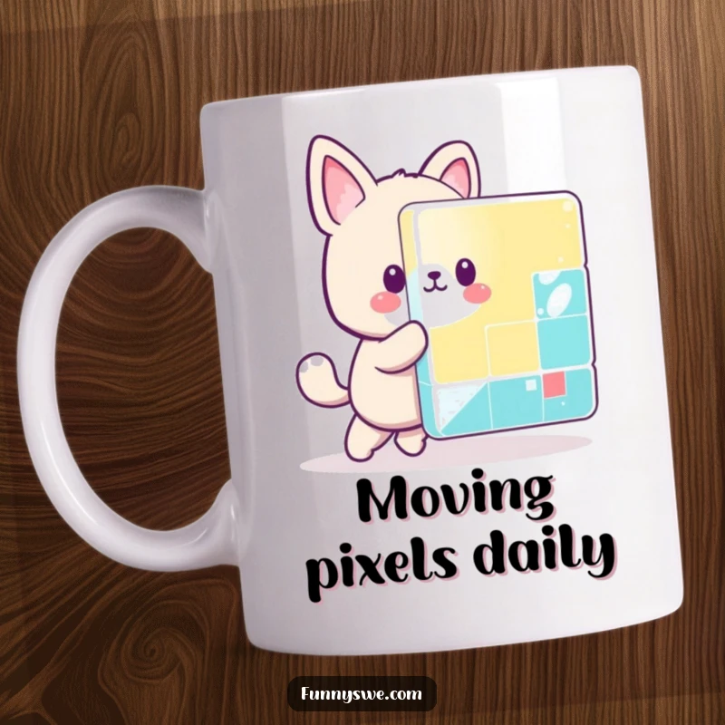 Funny kawaii animal character playfully pushing a giant, colorful pixel block, celebrating gaming and retro fun perfectly.