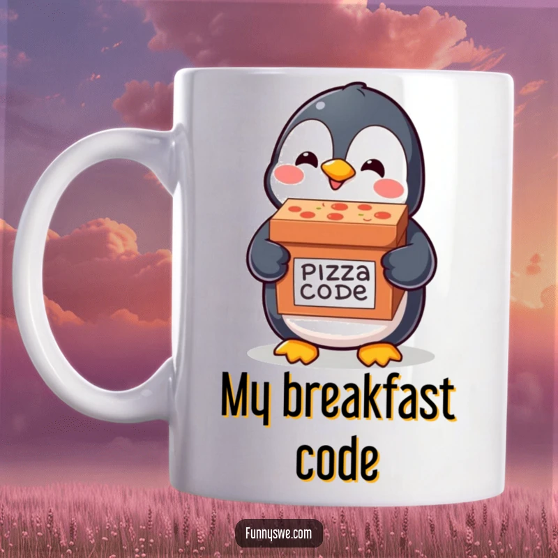 Funny mug featuring a happy kawaii penguin delivering a pizza box labeled code delivery, a delightful tech humor scene.