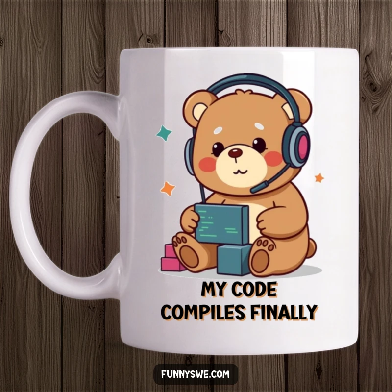 Funny Kawaii bear developer wearing headphones, happily dragging and dropping code blocks, perfect for tech lovers.