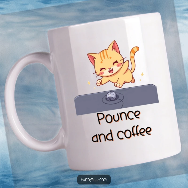 Funny energetic cat playfully chasing a computer mouse cursor across a digital screen, a humorous mug for cat lovers.