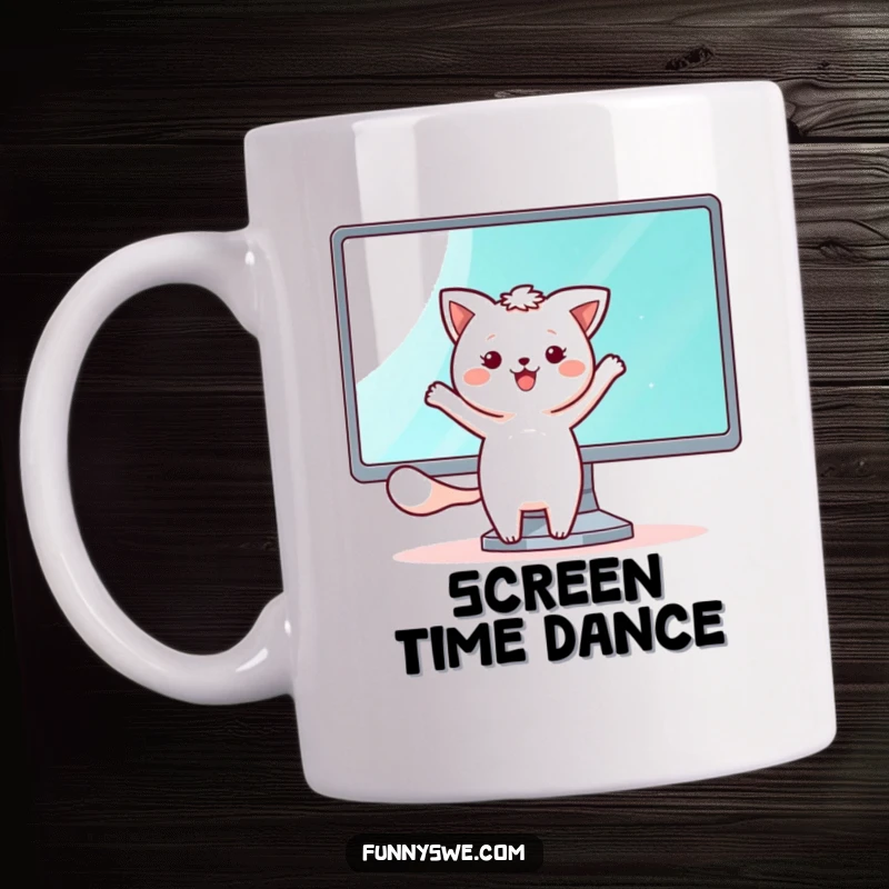 Funny mug with a kawaii animal character joyfully dancing beside a bright, shining monitor screen, expressing happiness with technology.