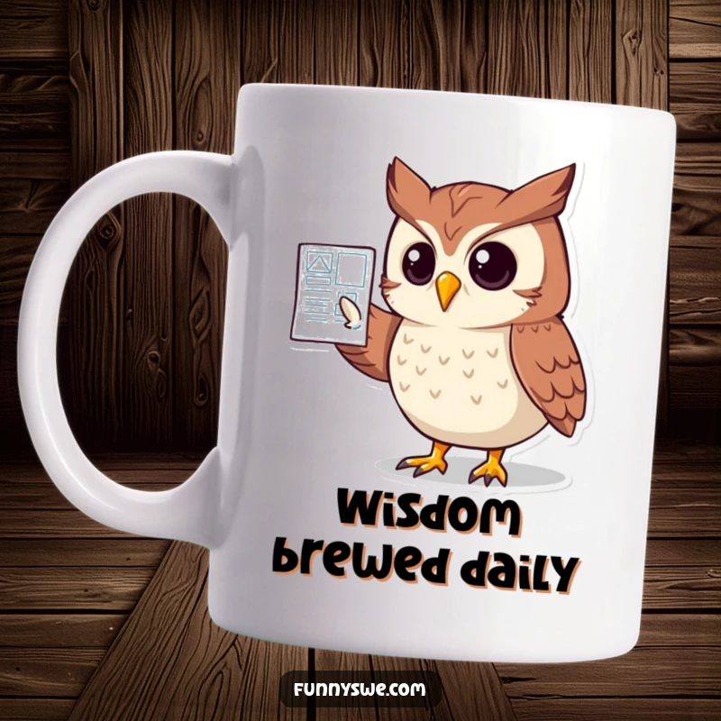Funny Owl Website Blueprint Mug: A wise owl character points with its wing to a detailed website blueprint, symbolizing design planning.