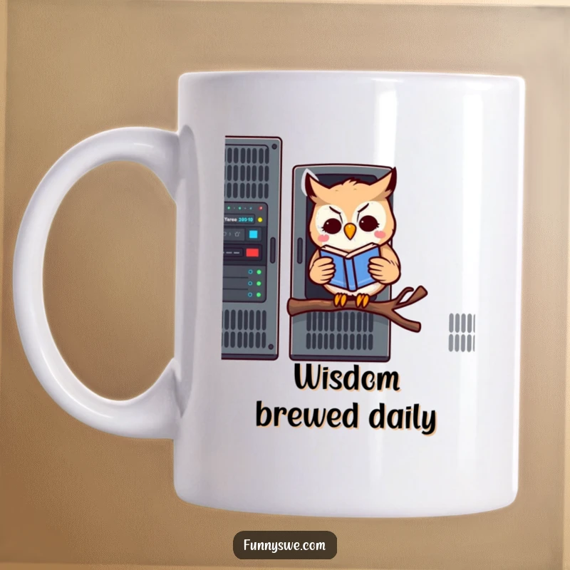 Funny mug featuring a kawaii owl reading a book while perched on a server rack, a humorous IT-themed scene.