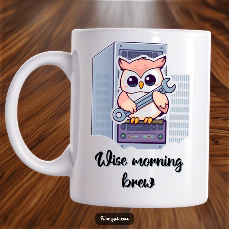 Funny kawaii owl character perched on a server rack, holding a wrench, ready to fix things, a humorous mug for tech geeks.