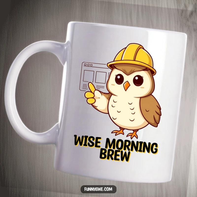 Funny cheerful owl wearing a hard hat, confidently pointing at a website wireframe on a mug.