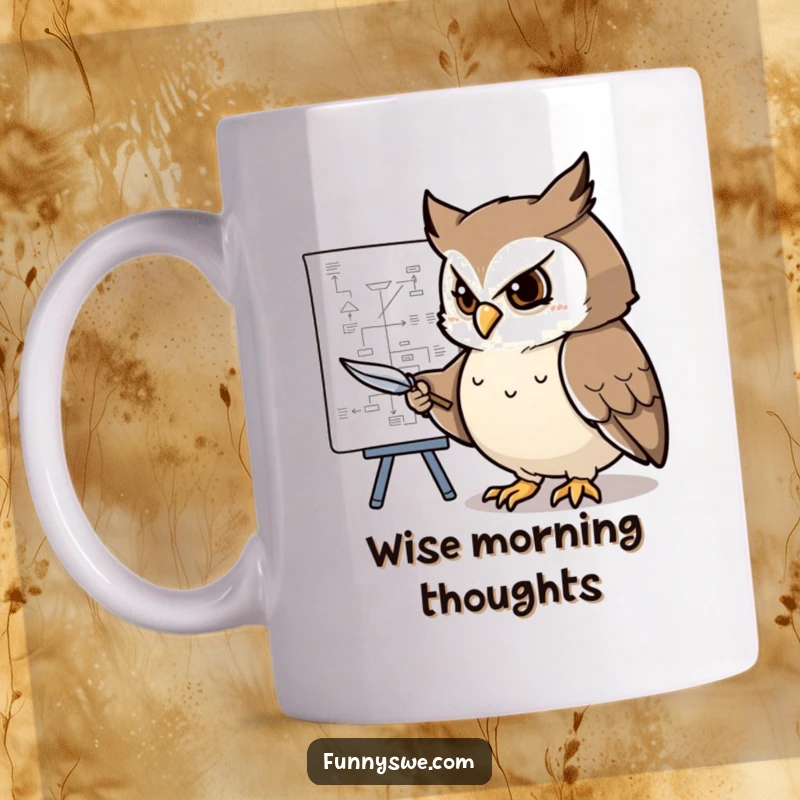 Funny mug showing a determined owl character pointing at a complex flowchart with a feather pen, ideal for planners.