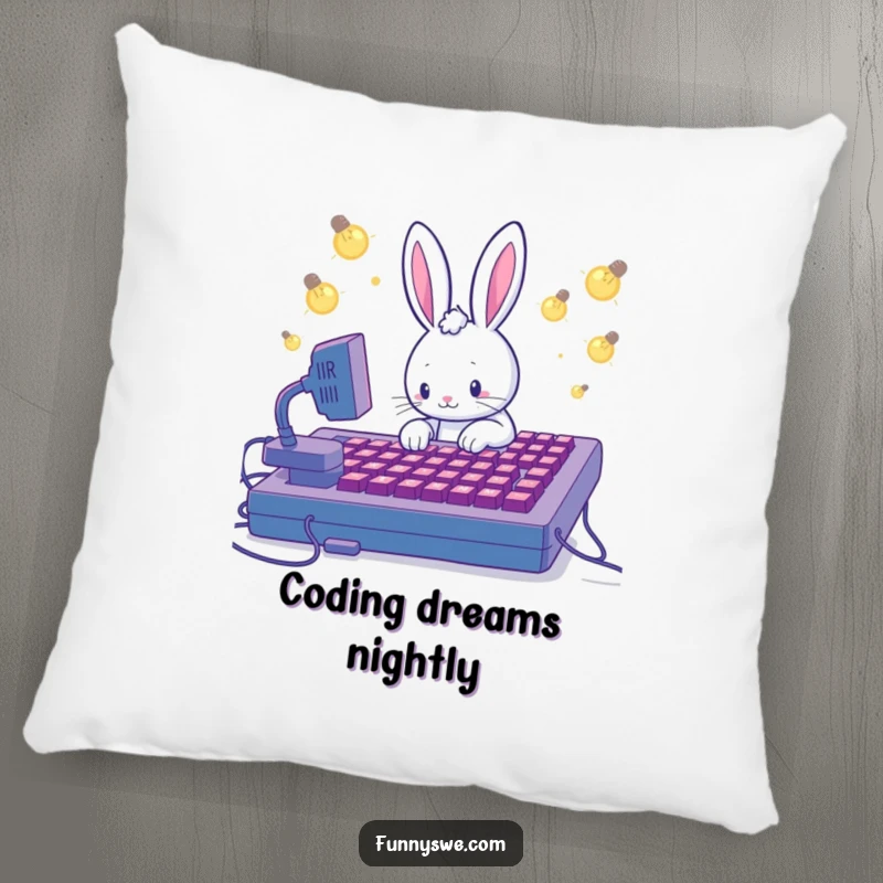 Funny pillow with a Kawaii rabbit engrossed in coding on a giant keyboard, soft and humorous decorative item.