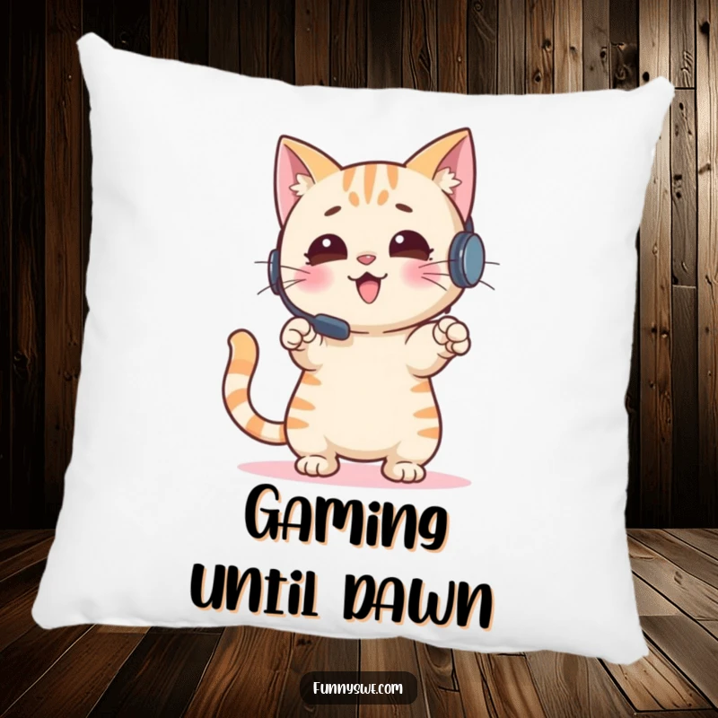 Funny Cat Pillow: An enthusiastic cat wearing a headset gestures at a screen, providing gamer comfort and humor, a delightful funny gift.