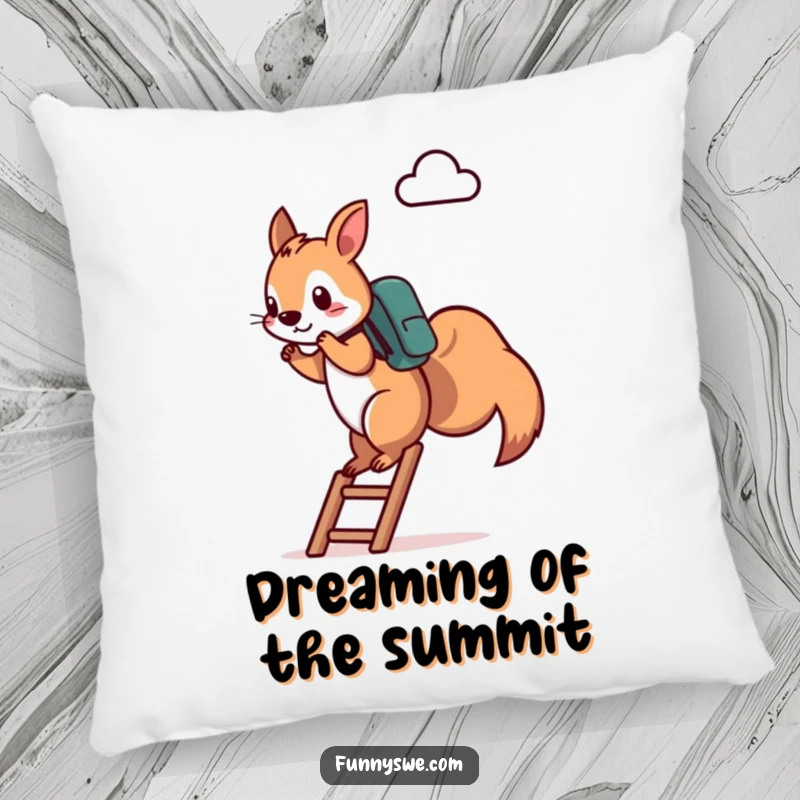 Funny Squirrel Pillow: A determined squirrel with a backpack climbs a ladder towards a cloud icon, providing tech inspiration and humor, a delightful funny gift.