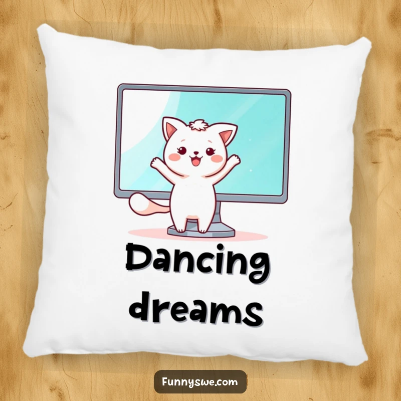 Funny pillow with a kawaii animal character happily dancing beside a shining monitor screen, perfect for a cozy tech-themed room.