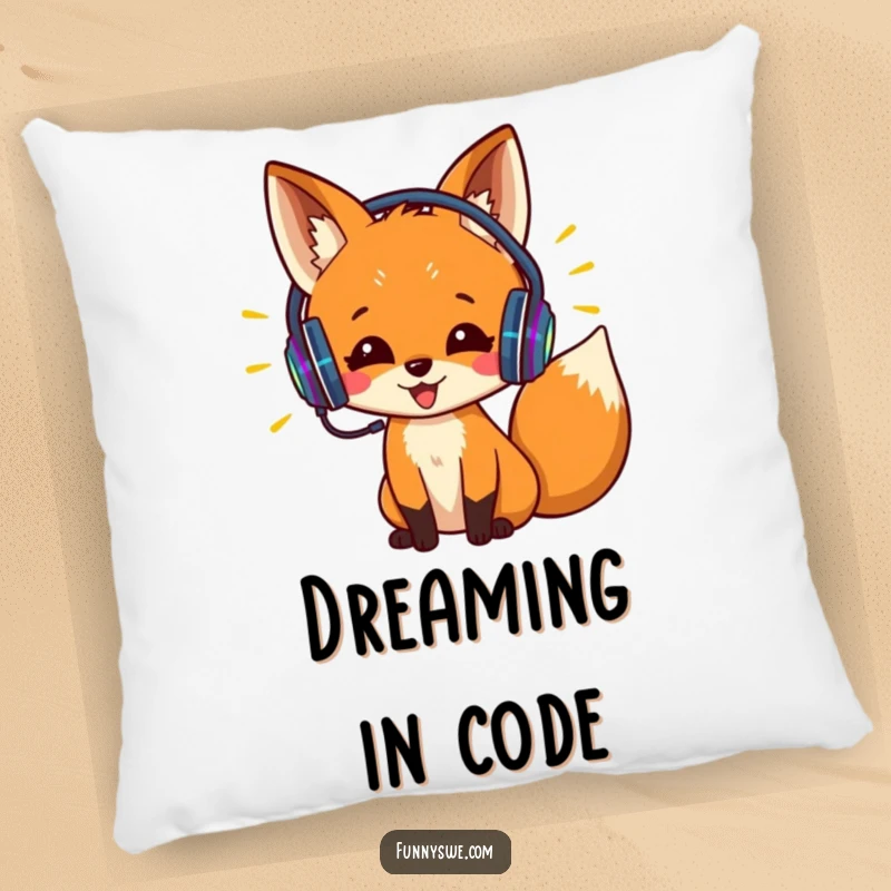 Funny pillow with an excited fox wearing headphones, coding with colorful lines. Comfortable and humorous decorative accent.