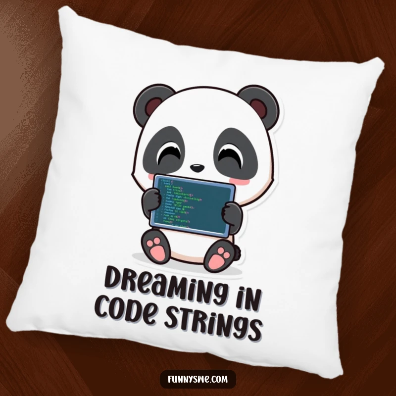 Funny Panda Coder Pillow: Playful panda character holding a tablet showing code, soft and humorous decor.