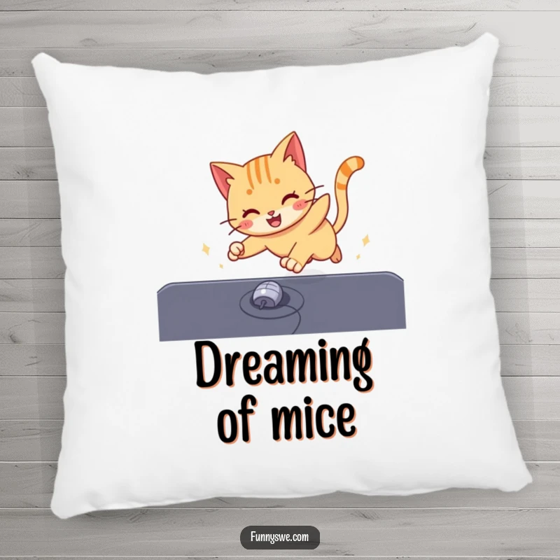 Funny cat intensely chasing a mouse cursor on a screen, a cozy and humorous decorative pillow.