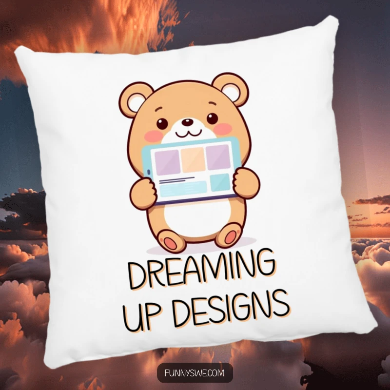 Funny Bear Web Designer Pillow: A smiling bear character presenting a website design, bringing comfort and humor to any living space.