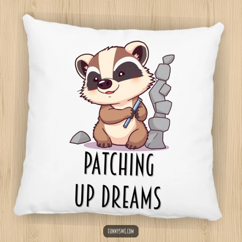 Funny Badger Code Fixer Pillow: A determined badger character repairs a broken code element, bringing comfort and humorous motivation.