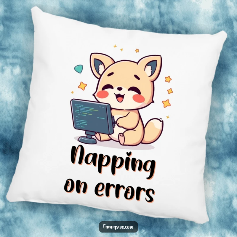 Funny kawaii animal character giggling while debugging code, surrounded by floating symbols, a soft humorous pillow.