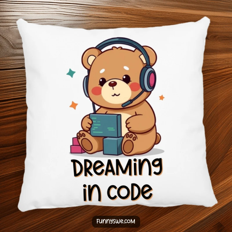 Funny Kawaii bear developer pillow, with headphones, enthusiastically dragging code blocks, soft and humorous decor.