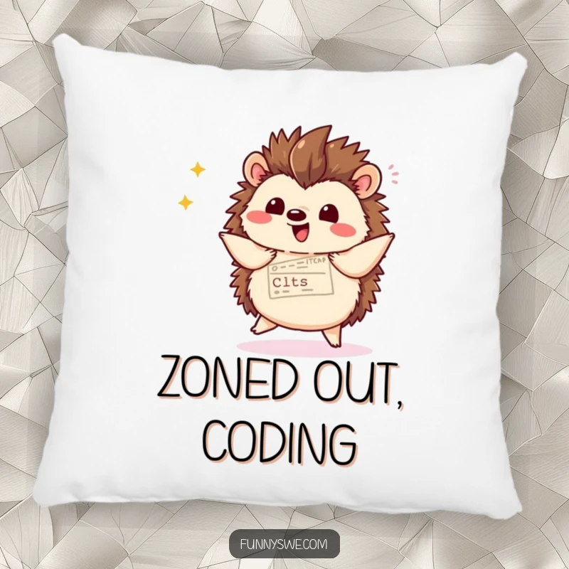 Soft and plush funny kawaii hedgehog pillow, displaying website code with a flourish and dancing, for comfortable and humorous lounging.
