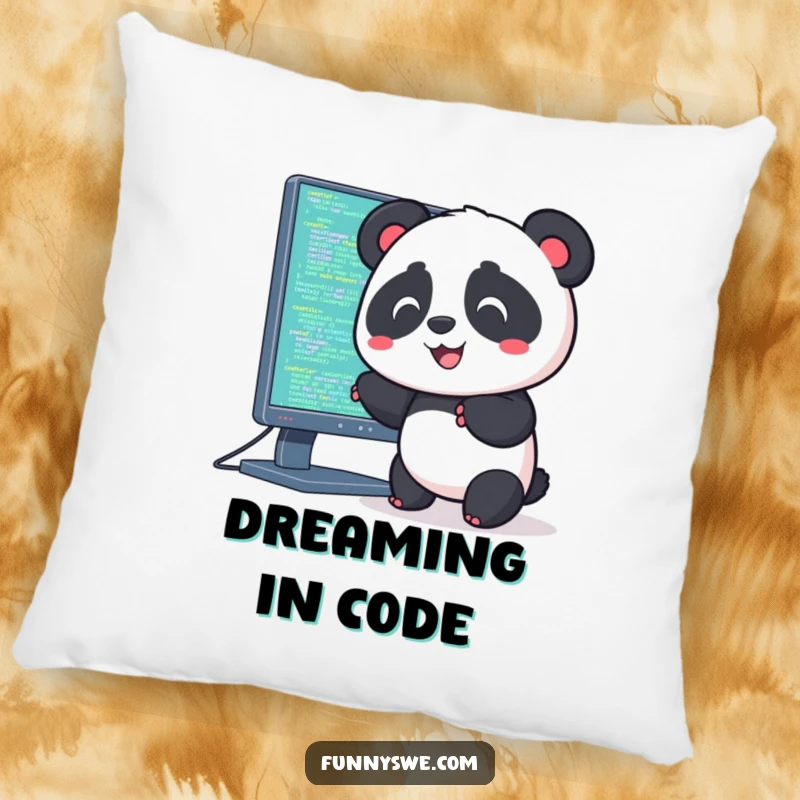 Funny pillow design of a Kawaii panda pushing code into a computer monitor, ideal for cozy tech vibes.